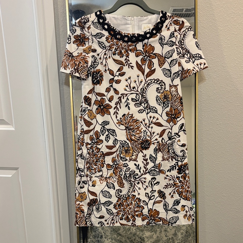Lilly Pulitzer Ivory Shift Dress with Brown and Black Floral Print